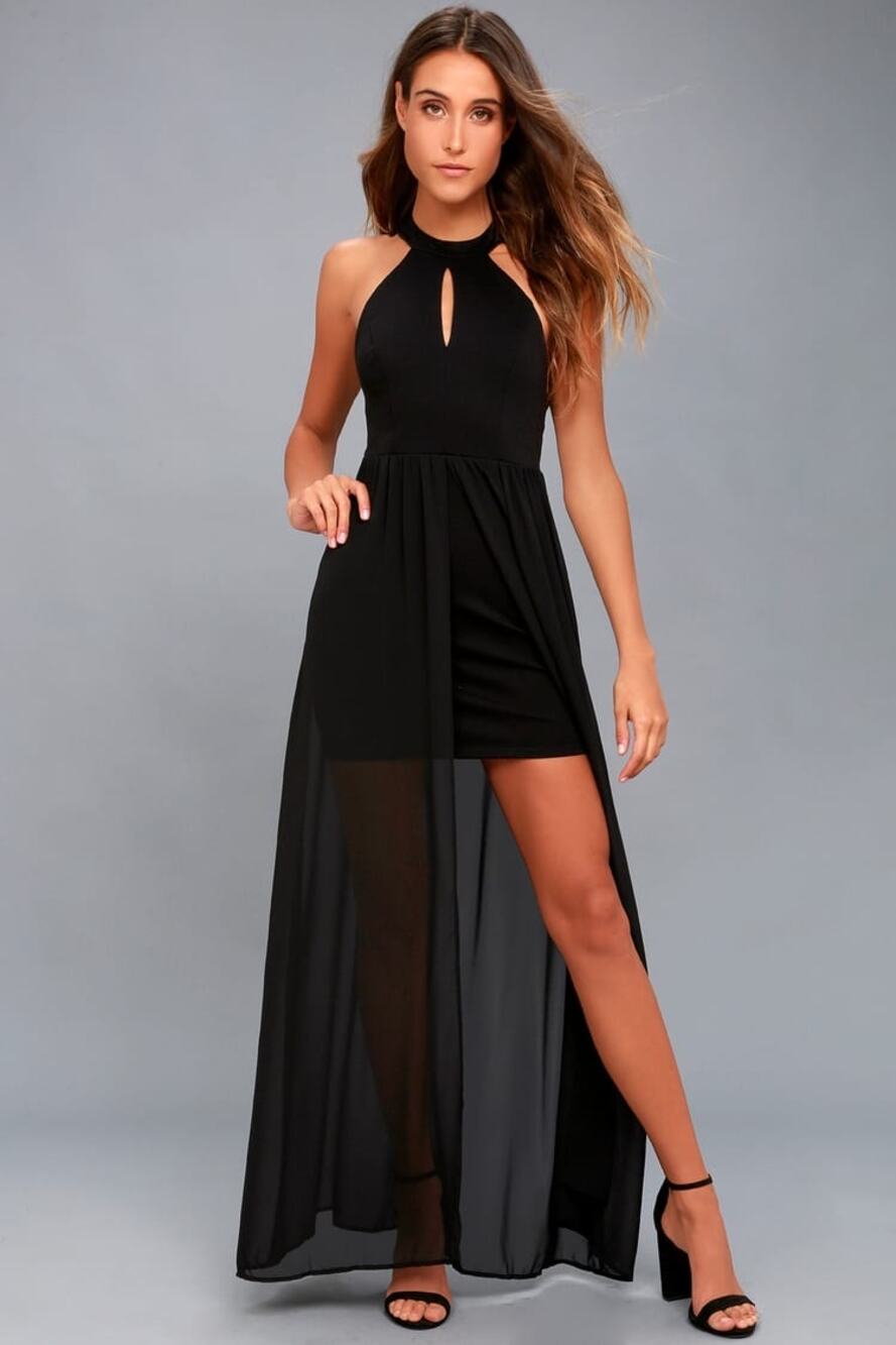 Lulus My Beloved Black Maxi Dress Lace Detail Halter Top